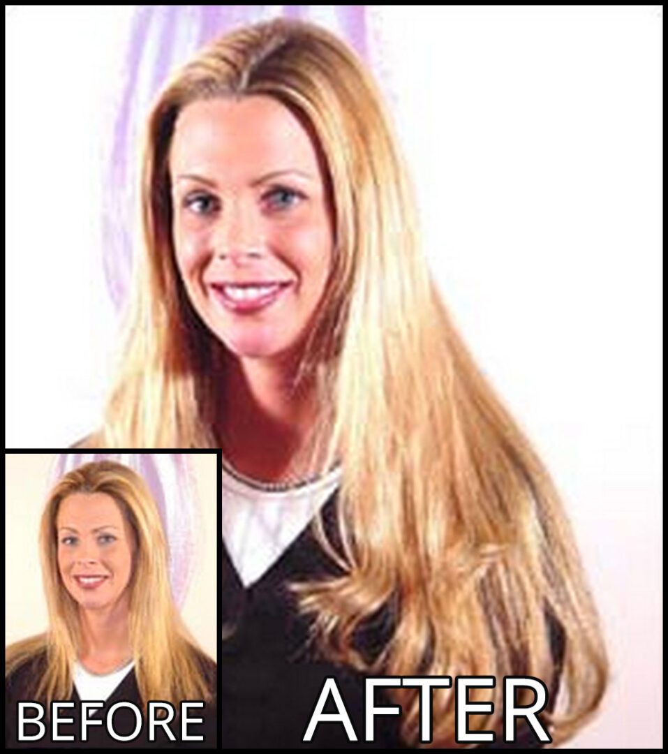 Woman with long blonde hair in two photos, labeled "BEFORE" with shorter hair and "AFTER" with longer hair.