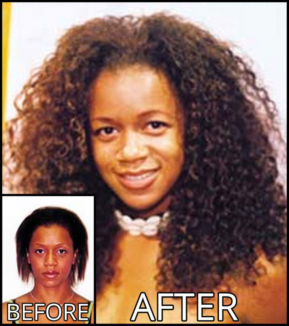 Woman with straight hair in "before" image, shown with long, curly hair in "after" image, wearing a shell necklace and smiling.