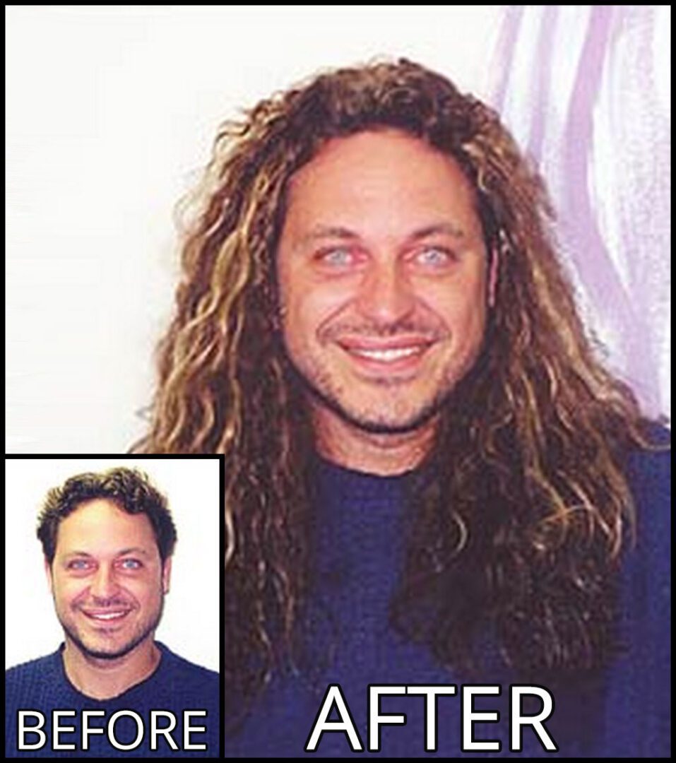 Before and after image of a man. The "before" photo shows him with shorter hair, while the "after" photo shows him with long, wavy hair.