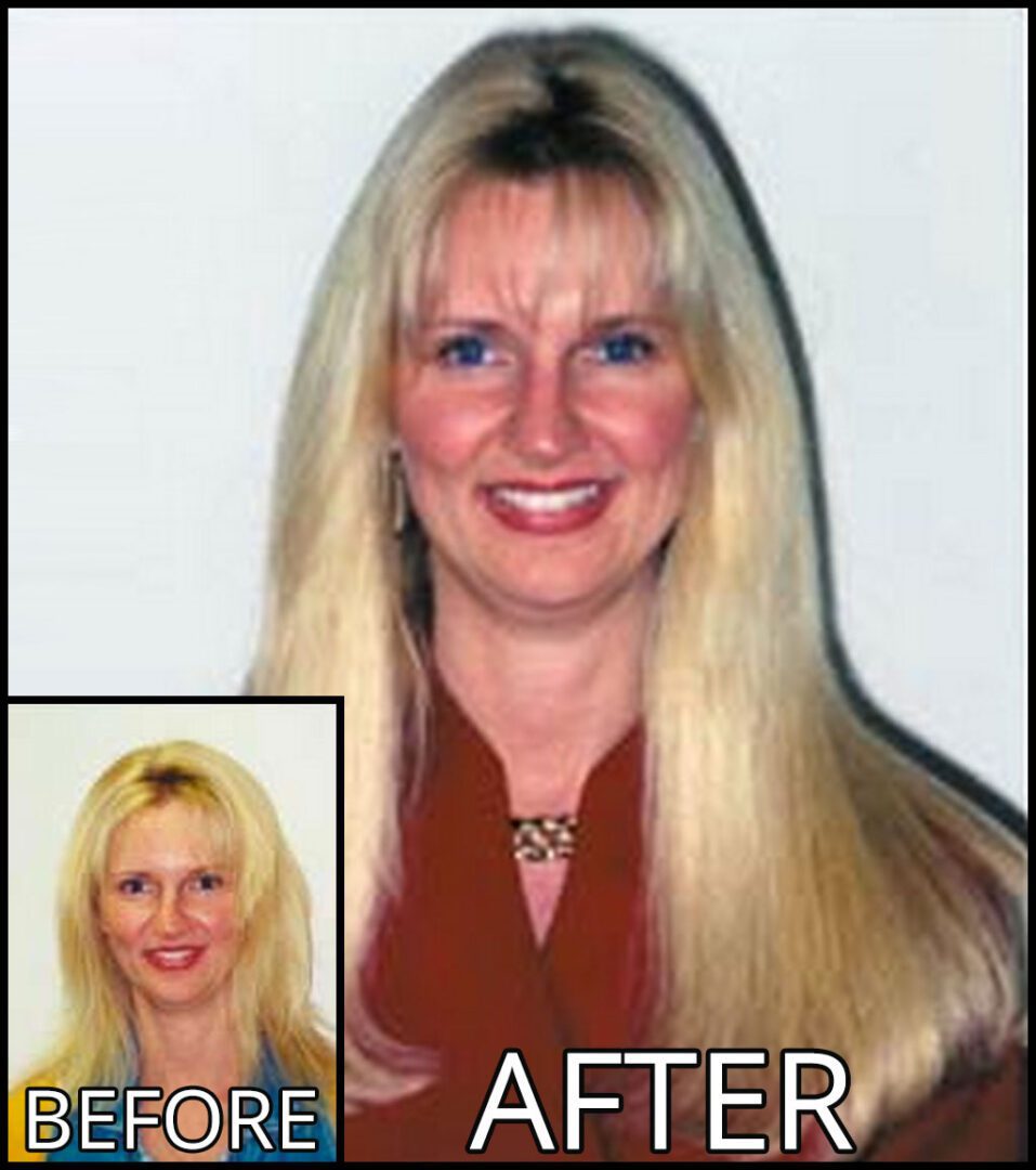 A woman before and after using the same photo.