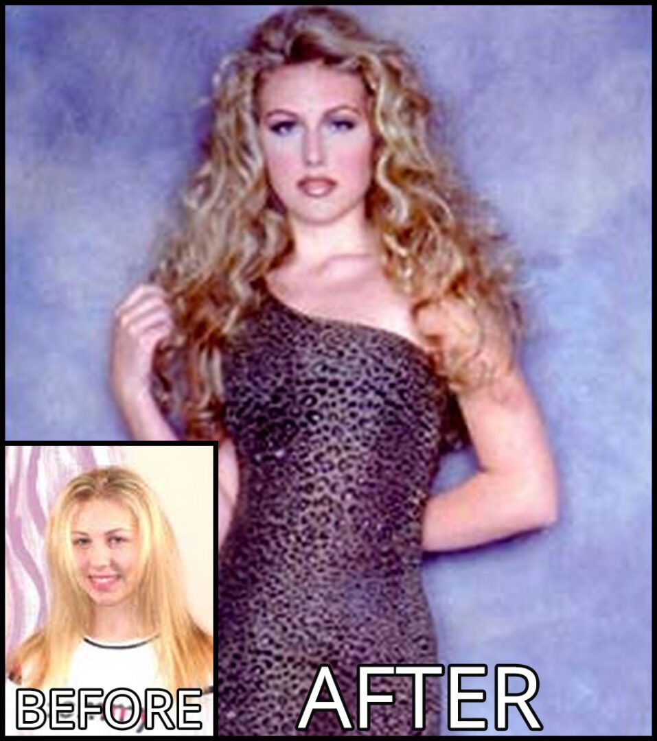 Before and after image showing a person with straight hair transitioning to curly hair, wearing a leopard print dress.