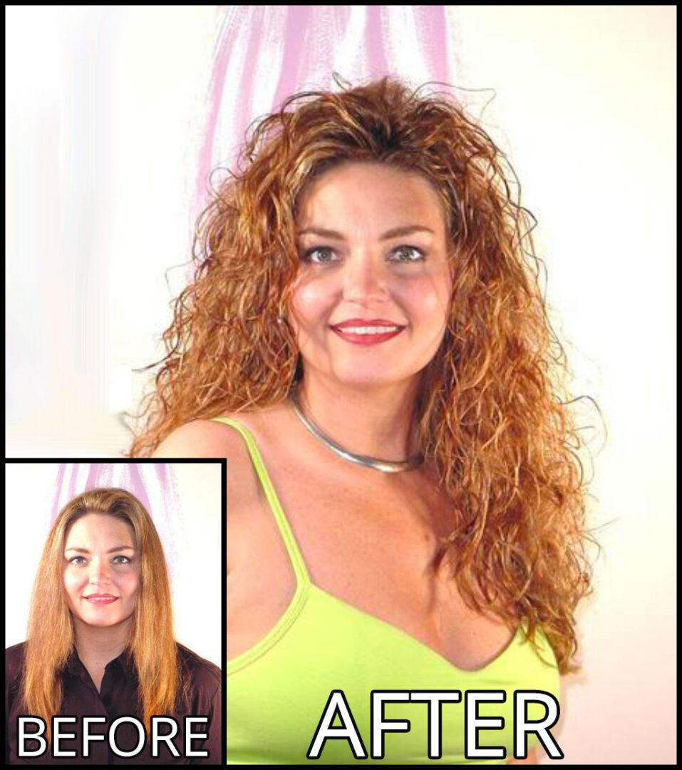 Woman with curly hair in "After" photo; straight hair in "Before" inset.