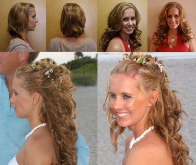 Woman with medium-length blonde hair styled in different curly hairstyles, including an elegant bridal updo decorated with flowers.